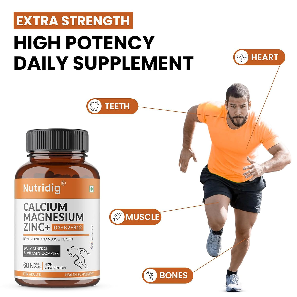 Nutridig Veg Calcium Magnesium Zinc Supplement with Vitamin D3, K2 MK7 & B12 | Daily Bone, Muscle & Mineral Nutrition for Men & Women - 60 Capsules