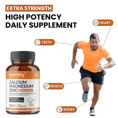 Nutridig Veg Calcium Magnesium Zinc Supplement with Vitamin D3, K2 MK7 & B12 | Daily Bone, Muscle & Mineral Nutrition for Men & Women - 60 Capsules