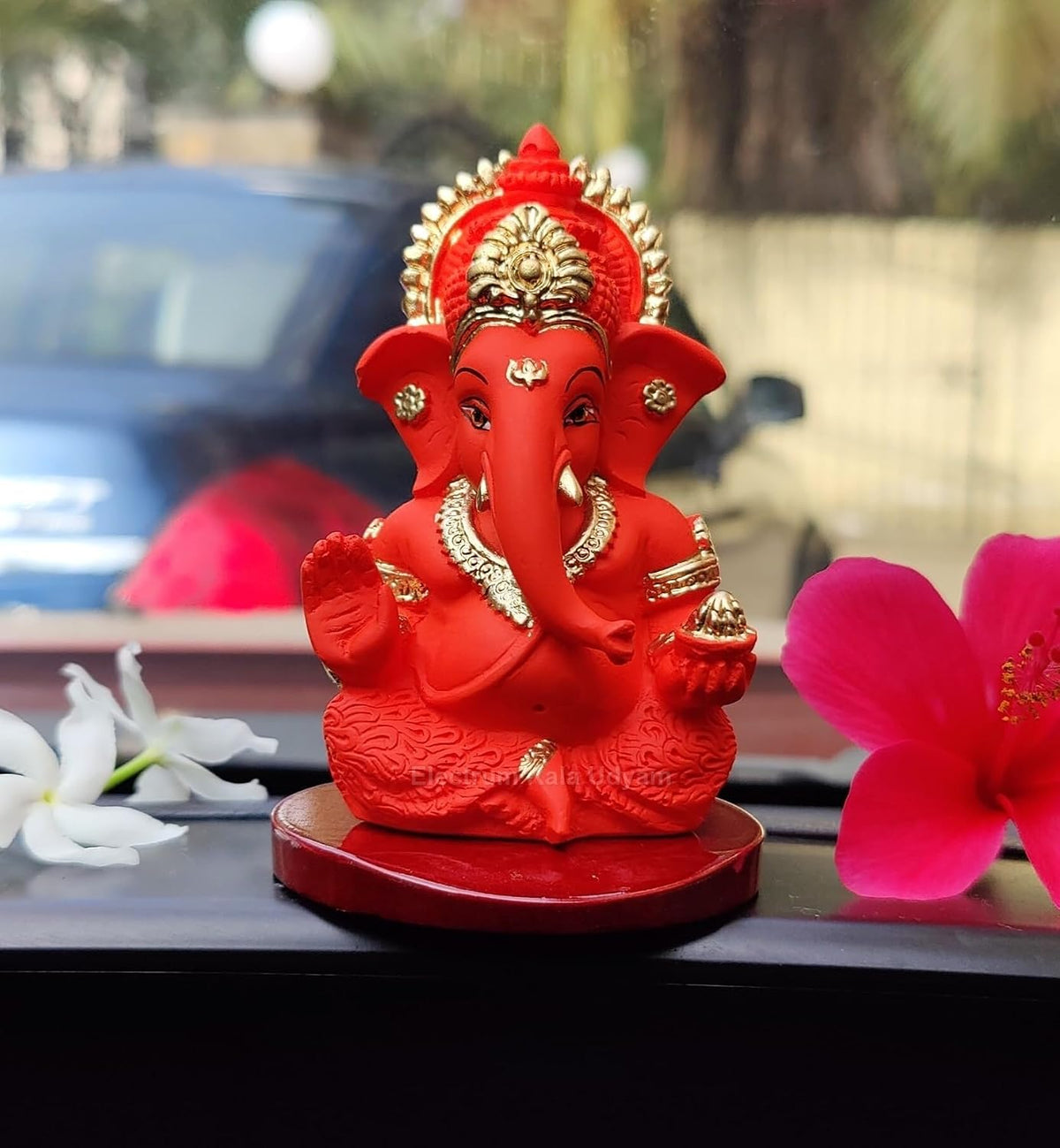 Handcrafted Poly Resin Ganesha Statue with Base - Perfect for Car Dashboard, Office Desk, Shelves, and Home Decor - Ideal Housewarming Gift! (OrangeMukutwithbase)