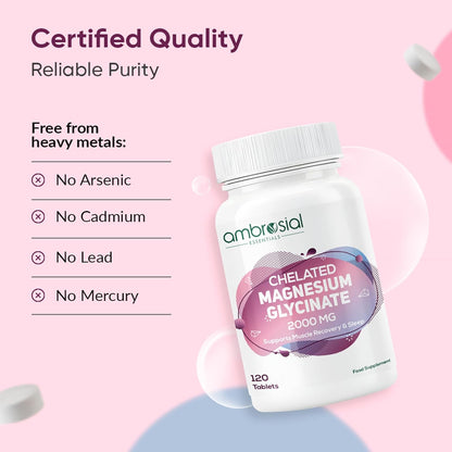 Ambrosial Chelated Magnesium Glycinate supplement bottle with certification details on a pink background