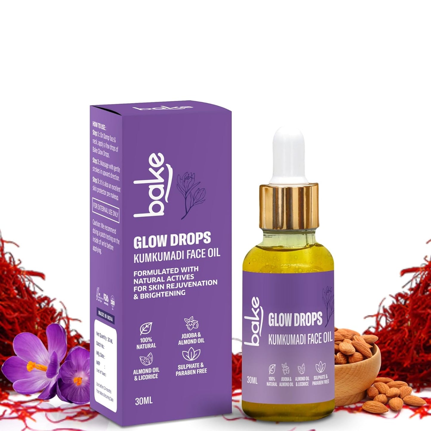 BAKE Kumkumadi Face Oil For Anti Aging, Glowing & Brightening Skin | For Pigmentation, Dark Circles | With Licorice, Saffron, Manjishtha | 30ml