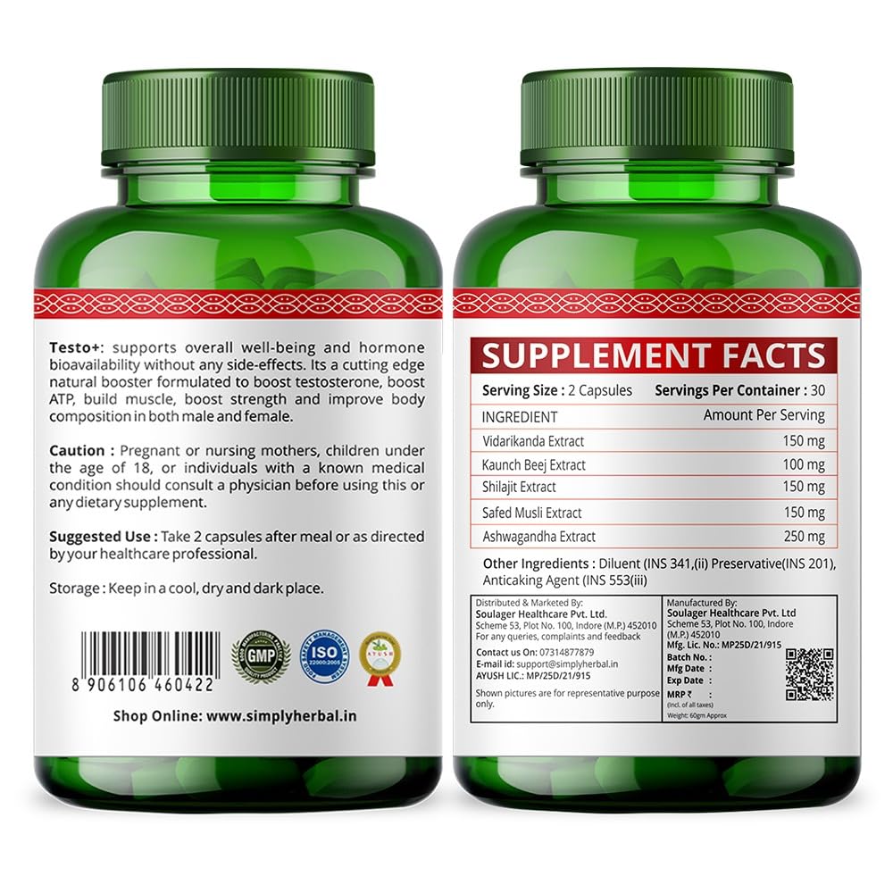 Simply Herbal Testo+ Supplement for Men With Kaunch Beej & Ashwagandha, Testo Booster Supplement, Boost Muscles Growth & Energy, Increase Athletic Performance, Natural Herbs (60 Veg Capsules)