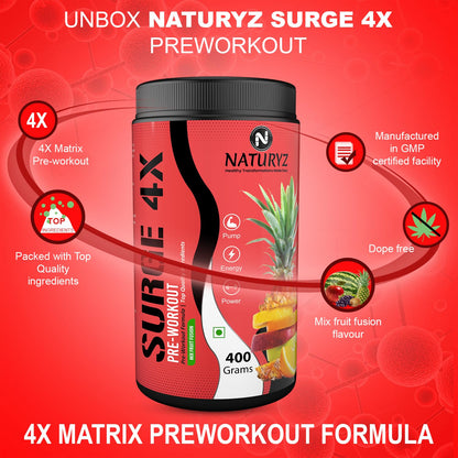 Naturyz Surge 4X preworkout supplement container with product features on a red background