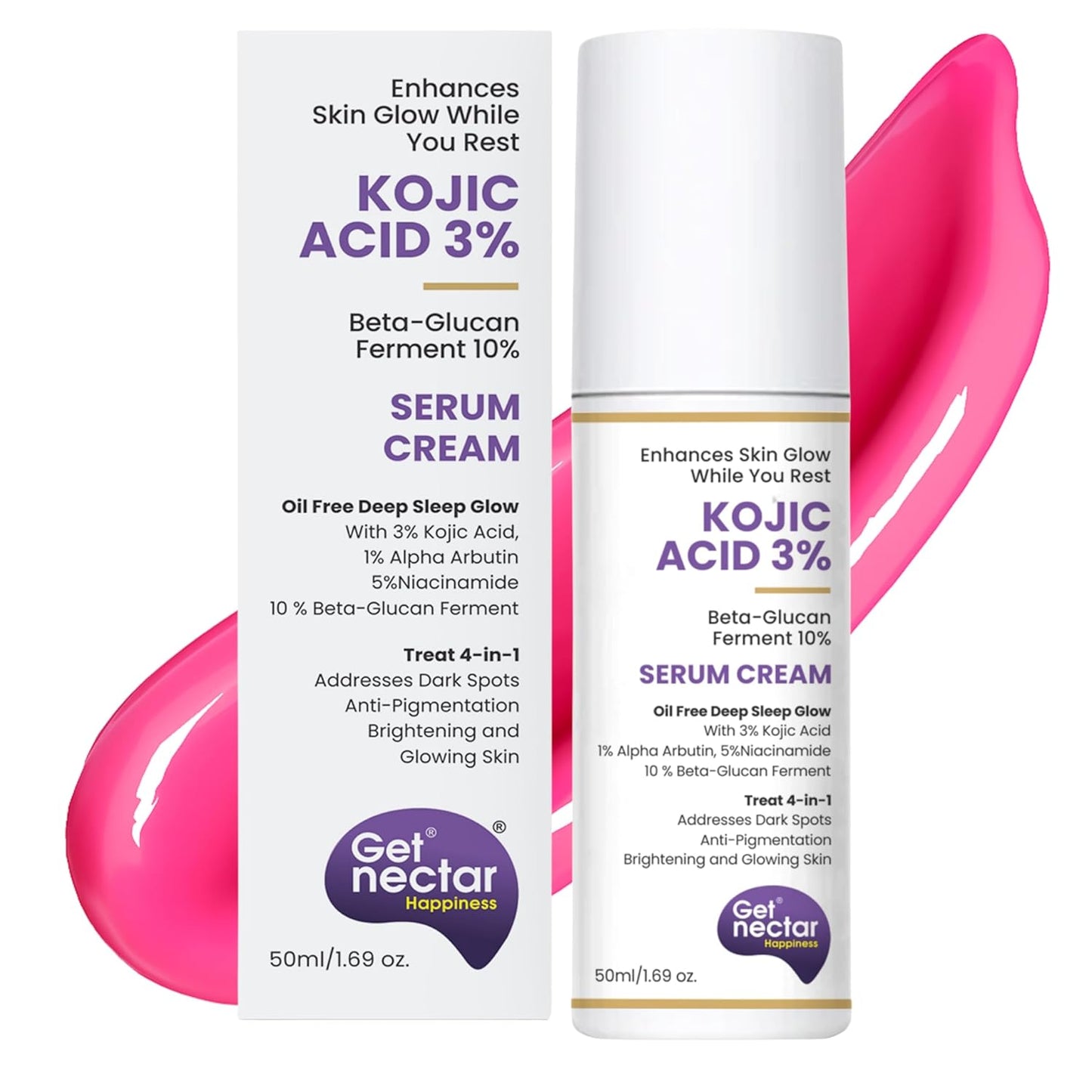 Get Nectar Happiness Glow Serum Cream with 3% Kojic Acid 5% Niacinamide 1% Alpha Arbutin & 25% Beta-Glucan for Dark Spots, Anti-Pigmentation, Brightening, Glowing Skin 50ml