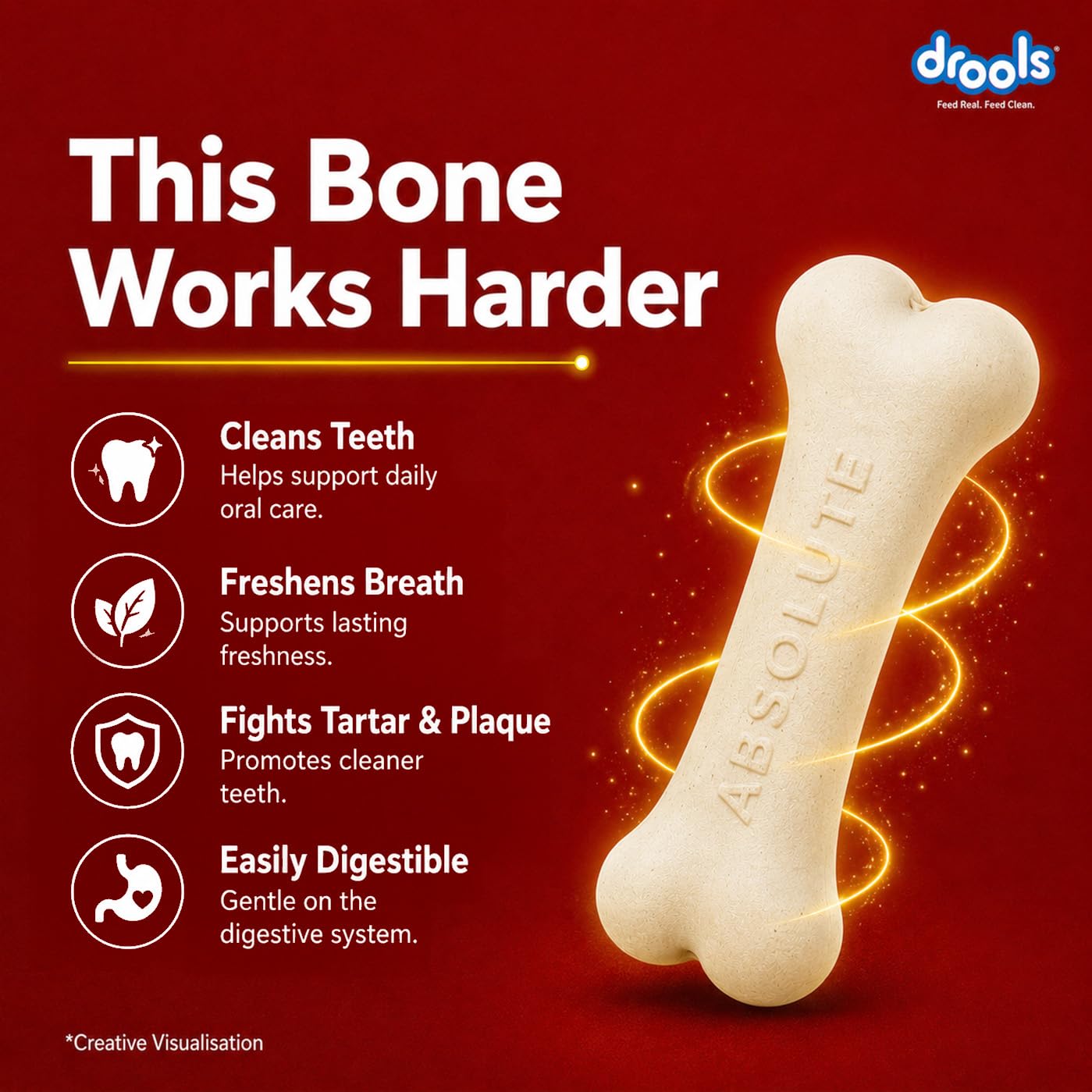 Drools Absolute Dog Treat Calcium Bone Pouch, 190g Pack | Chicken Flavour | Healthy Bones & Joint | Strong Teeth | Optimum Calcium & Phosphorus Ratio,All Life Stages