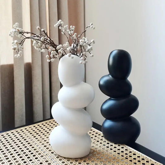 THE SACRED GIFTS Decorative Ceramic Vase for Flowers, Pampas Grass Vase, Vase for Money Plant Live Plants for Home, Office,Gifts- (Pebble, Height- 25 Cm) (White & Black)
