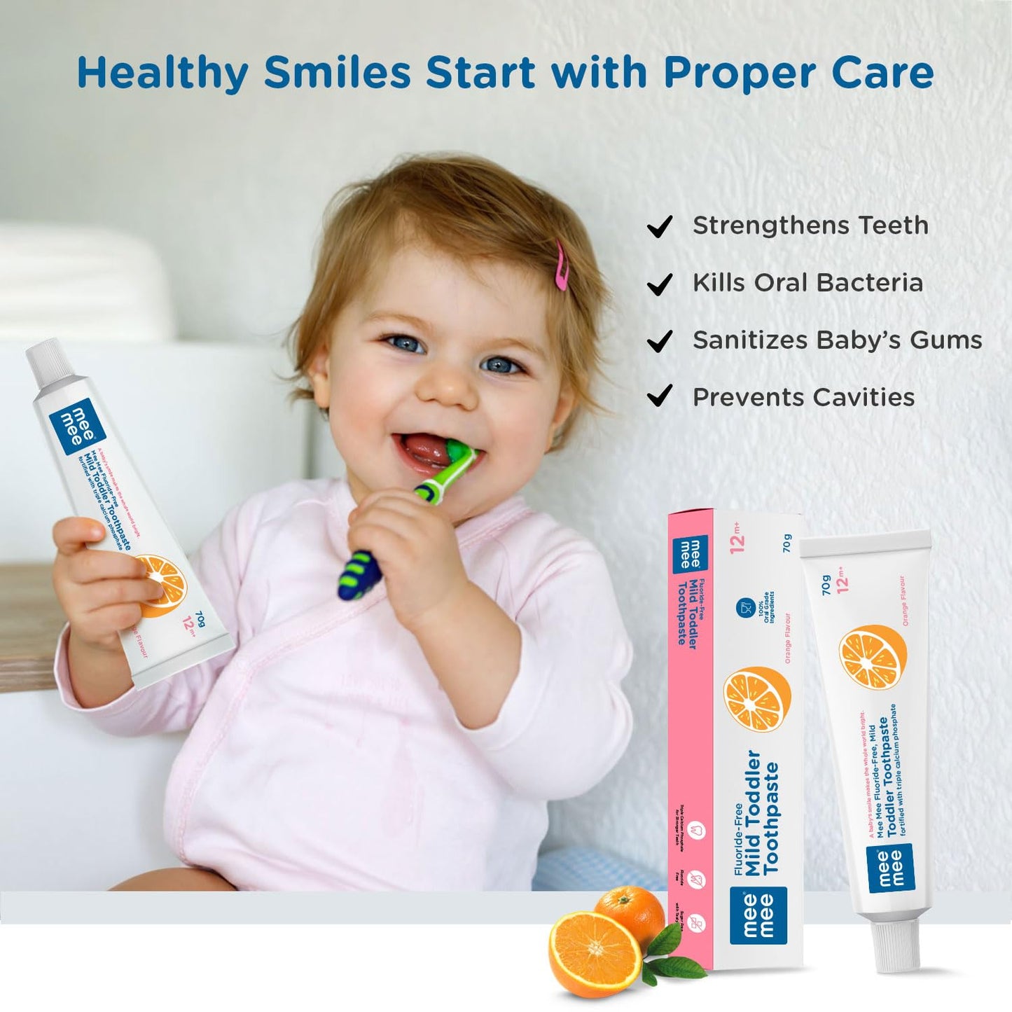 Mee Mee Fluoride-Free Baby Tooth paste for Kids & Toddler 70 gram Fortified with Triple Calcium Phosphate, Cavity Protection, Oral Care, Best for Baby 1-5 years (Orange, Pack of 1)