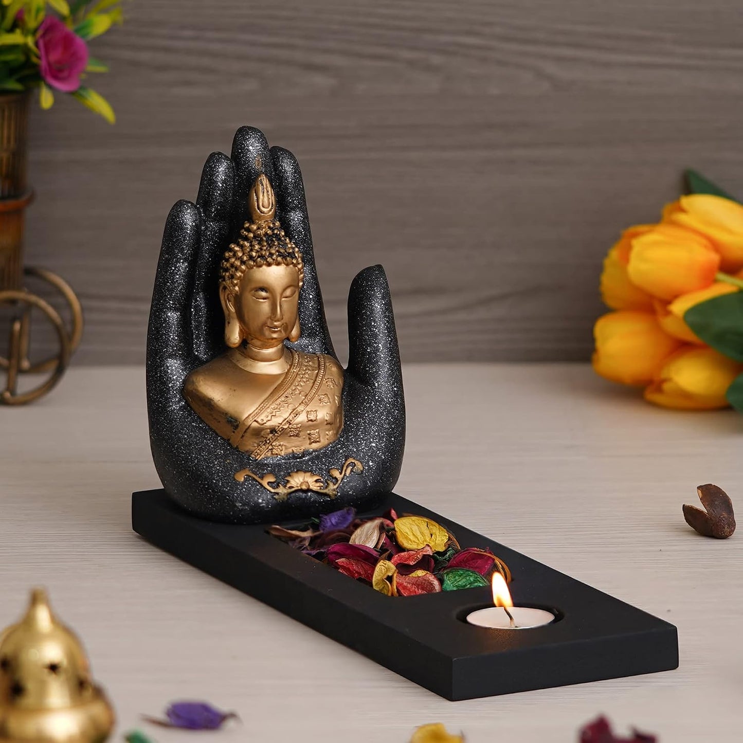 eCraftIndia Grey Golden Resin Palm Buddha Statue Tea Light Candle Holder | Lord Buddha Idol Tea Light Holder | Diwali Decoration Items for Home Decor | Buddha Showpiece Gift for Diwali Housewarming