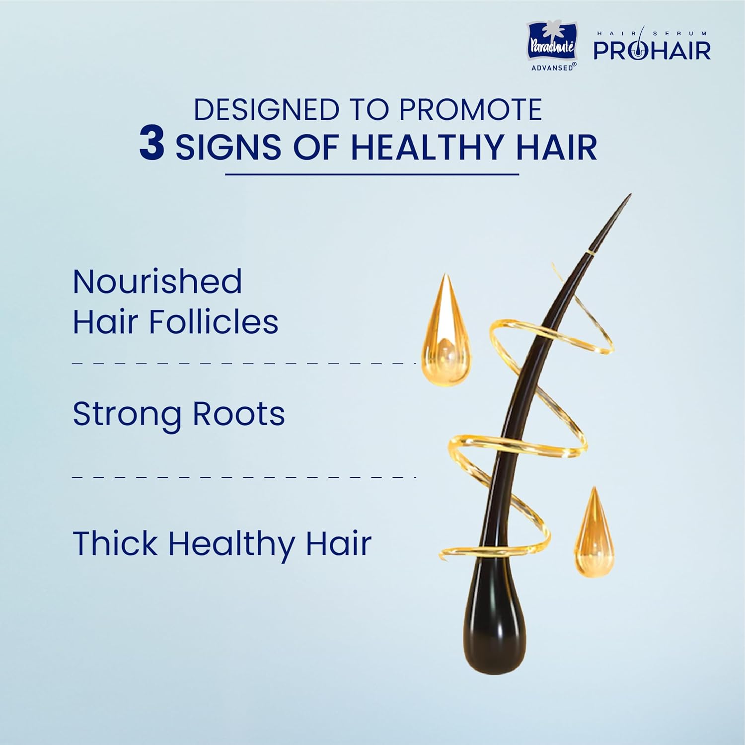 Advertisement for ProHair product showing a stylized hair with oil droplets and text on a light blue background.