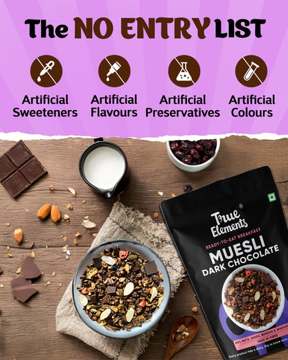 True Elements Dark Chocolate Muesli 1kg | Nuts & Berries Muesli | 13g Clean Protein | 13% Millet | Cereal for Breakfast | Gluten Free Breakfast