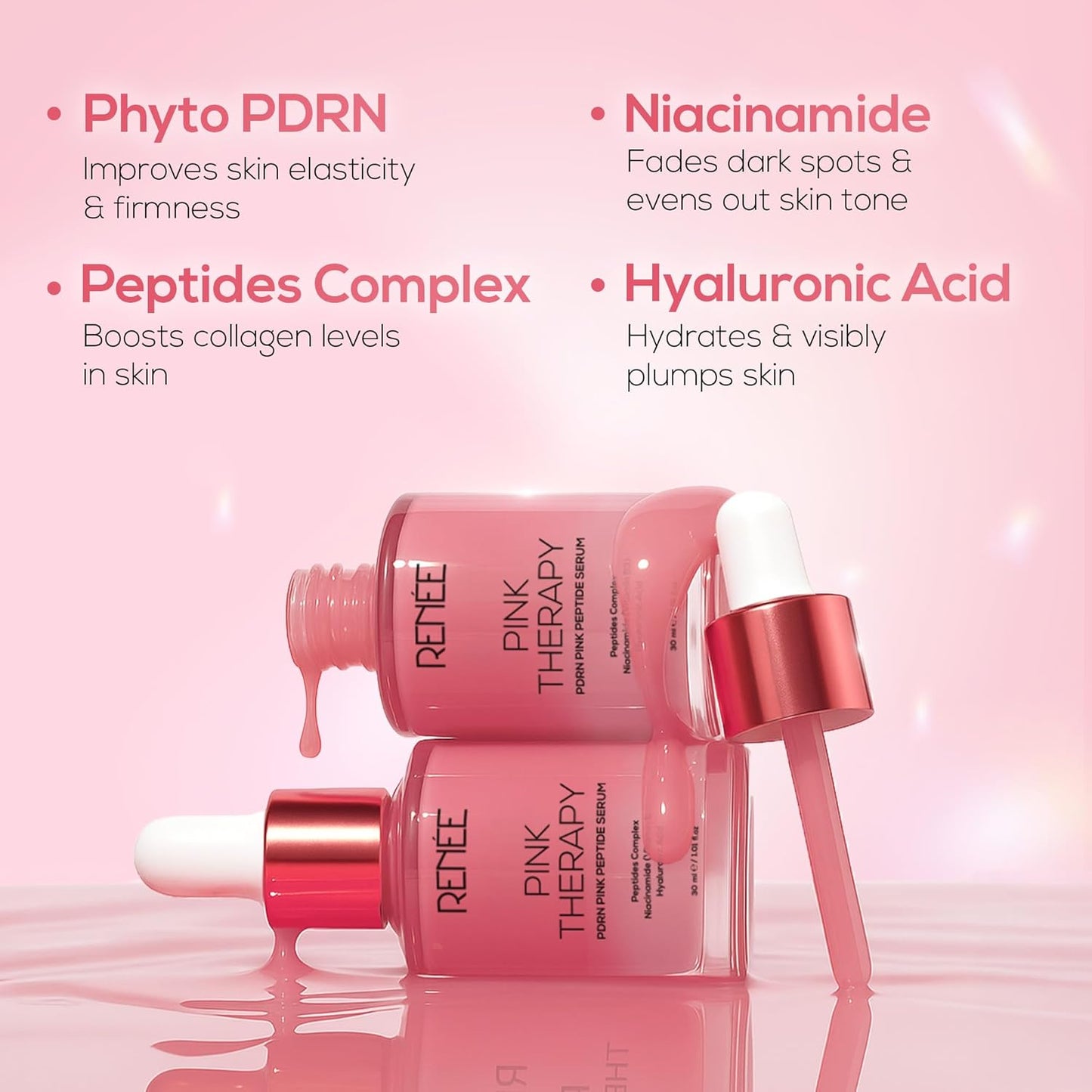 Pink skincare serum bottles with droppers on a pink background, featuring text about ingredients.