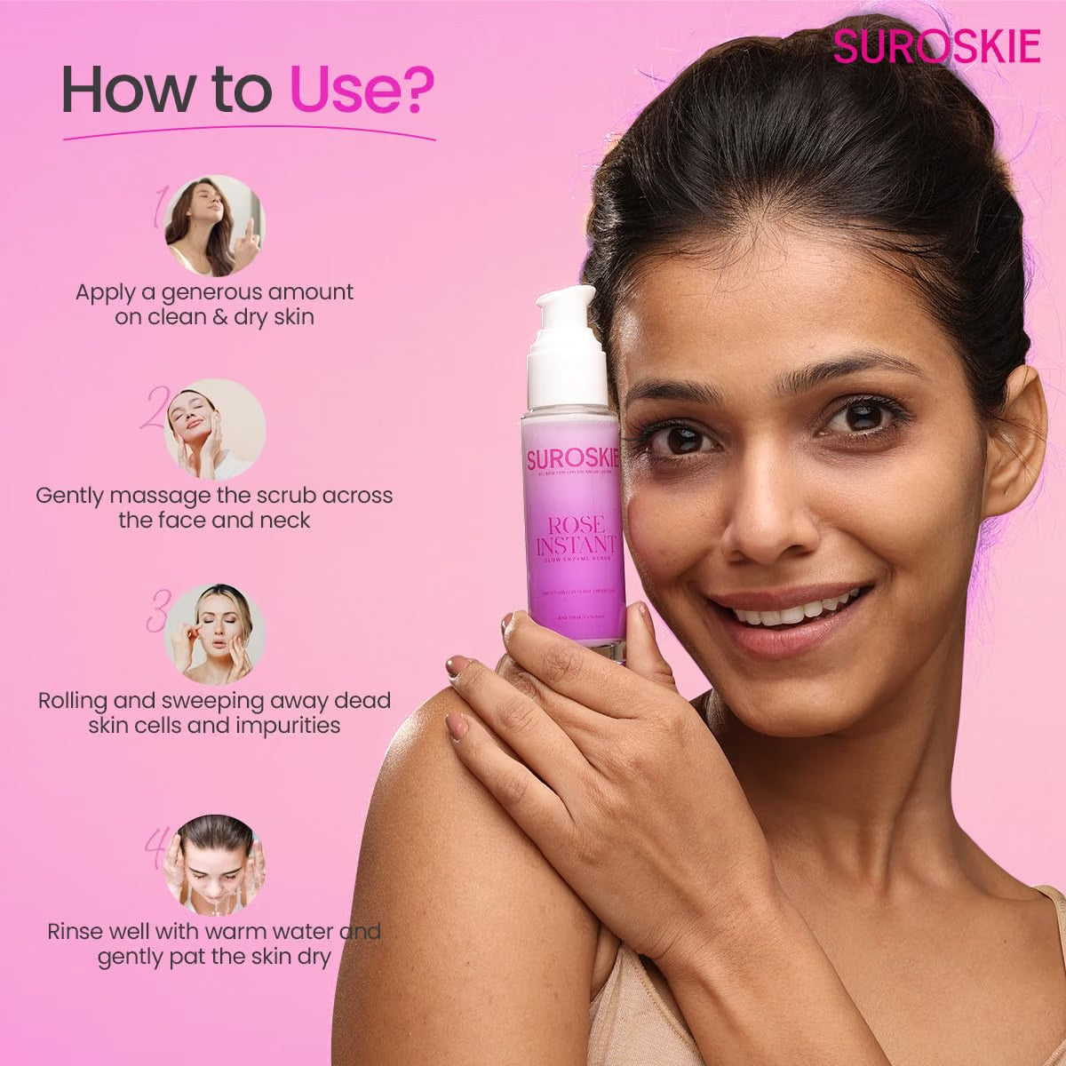 Suroskie Rose Instant Enzyme Face Scrub 50Ml | India’S First Enzyme Scrub For Glowing Skin, Cleans Pores & Dark Spots | Clear White & Black Head | Rose, Aha+ Bha & Cellulose Extract| For Men & Women