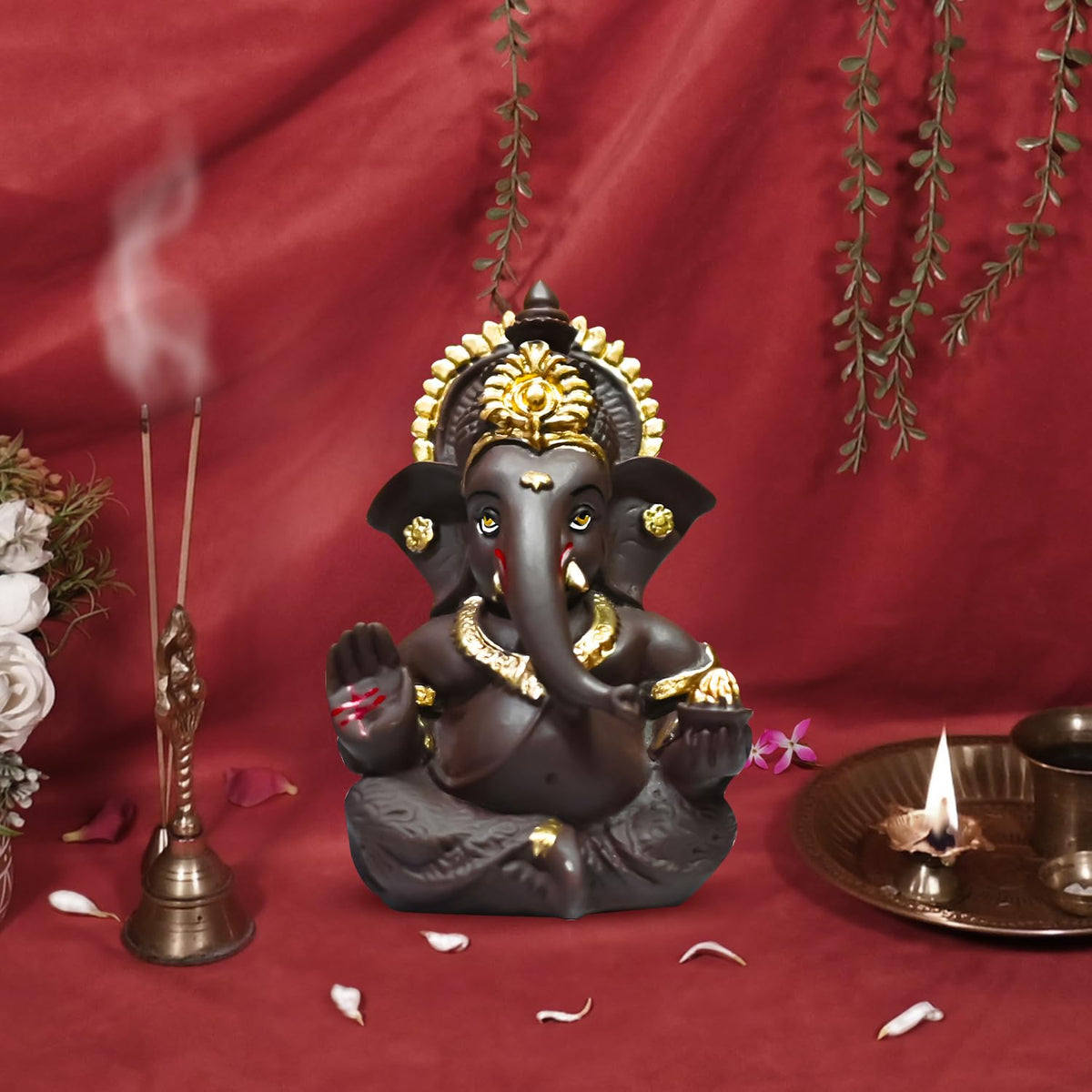 Gold Plated Ganesha Idol for Office Desk Puja Room God Ganesha Idol for Home Decor Ganpati for Sculpture, Religious Gift 3.5 inches (8.89 x 5.08 cm) (Brown), Resin, Religious