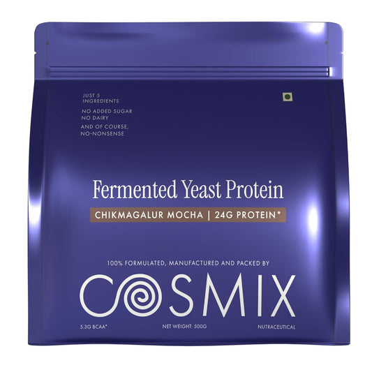 Cosmix Fermented Yeast Protein Powder | 24g Protein | Pure Single-Source Plant Protein | Made In-House | Smooth, Crazy tasty & Gut-Friendly | Chikmagalur Mocha, 500g Pouch