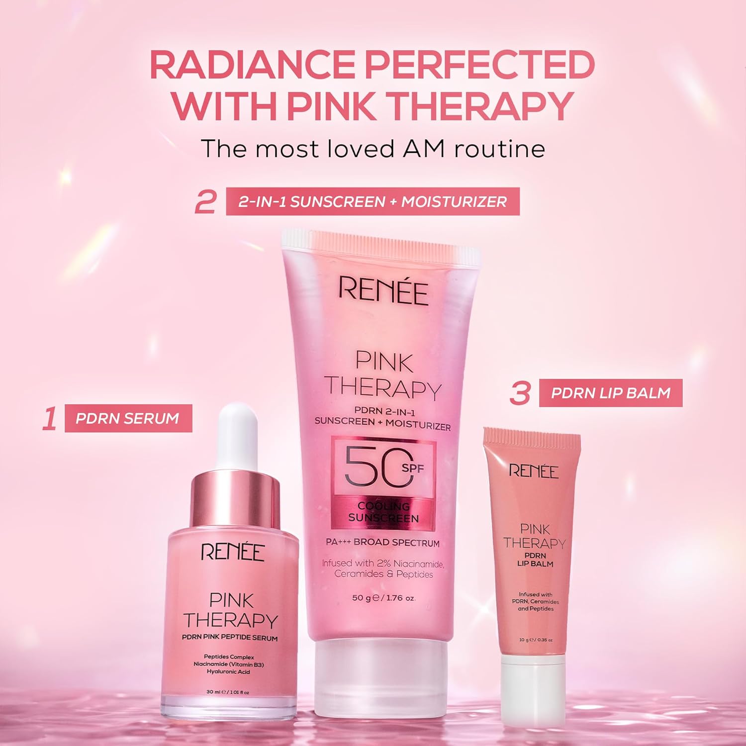 Skincare products with 'Pink Therapy' branding on a pink background