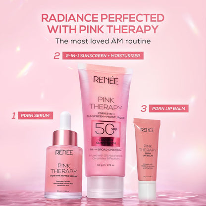 Skincare products with 'Pink Therapy' branding on a pink background