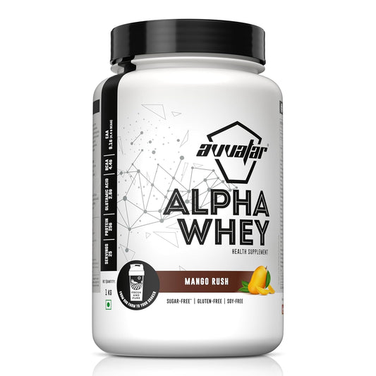 Alpha Whey supplement container with mango rush flavor on a white background