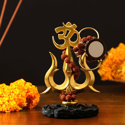 TIED RIBBONS Lord Shiva Trishul with Om & Damru Decorative Idol (Resin, 4.5 Inch) | Rudraksha Beads | Spiritual Home Temple & Office Desk Decor | Gold Finish Car Dashboard Showpiece