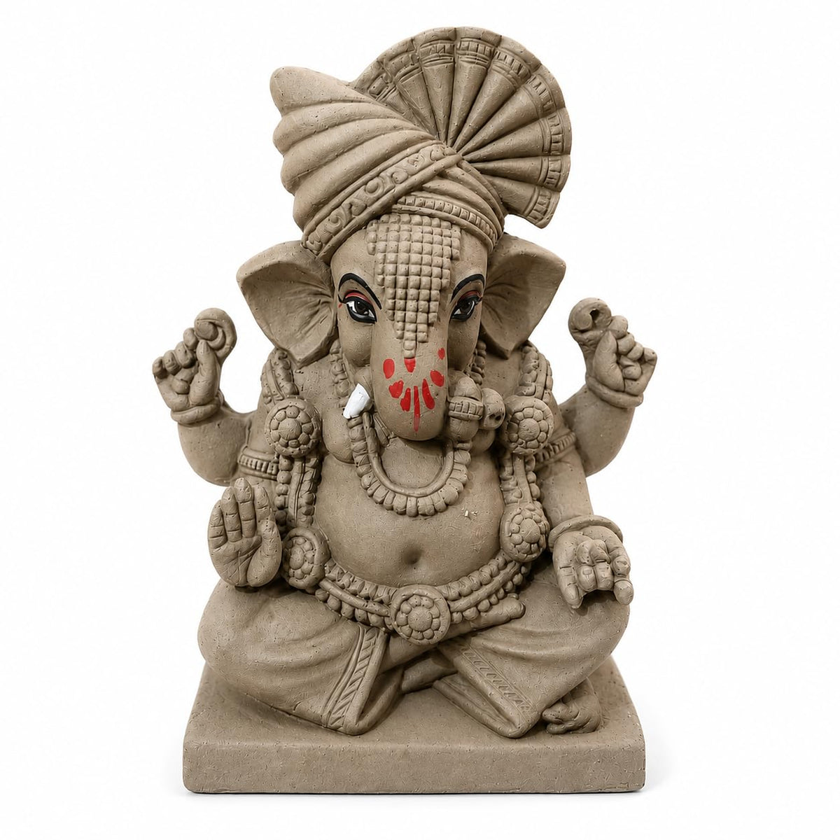 KSI 5.2 Inch Handmade Clay Ganesh Idol for Ganesh Chaturthi | Eco-Friendly Mitti Ganpati Murti | Traditional Pagdi Ganesha Idol for Home Decoration & Visarjan