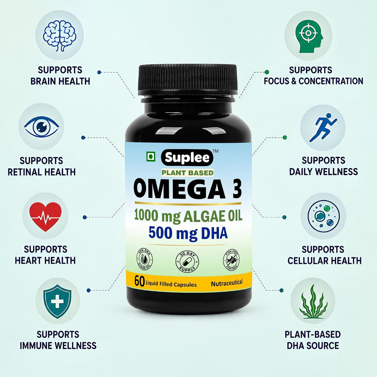 Suplee Plant Based Omega 3 Algae Oil 1000mg with 500mg DHA | 60 Capsules