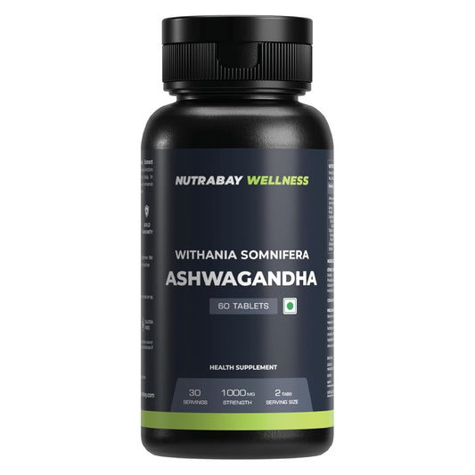 Black supplement bottle labeled 'Nutrabay Wellness Ashwagandha' on a white background