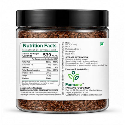 Farmano Raw Flax Seeds | Omega-3 & High Fiber | Premium Quality | 200g | Raw Alsi Seeds Unroasted, Omega 3 & Fibre Rich, Heart Health & Digestion Support, Weight Management, 100% Natural