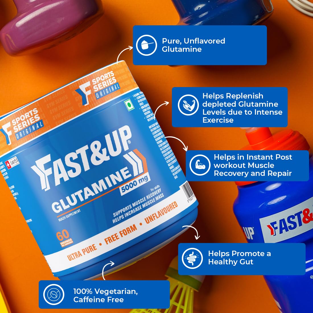 Fast&Up Glutamine supplement packaging on an orange background with text highlighting benefits.