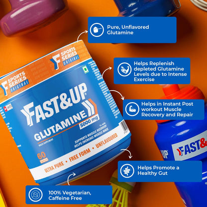 Fast&Up Glutamine supplement packaging on an orange background with text highlighting benefits.