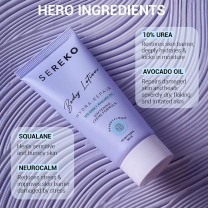 Sereko 10% Urea & Avocado Oil Body Lotion 30ML | For Strawberry legs, Detans, Rough Bumpy skin| Body lotion for Men & Women | AHA BHA free | Gentle Exfoliating | with 48H Moisturization | Very dry, flaky skin