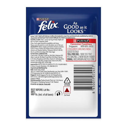 Purina Felix Salmon in Jelly, Wet Food for Adult Cats, 85g Pouch | With Salmon in Jelly, Tasty Meaty Chunks, 100% Complete & Balanced Nutrition, Vitamins D & E, Omega 6, Essential Minerals