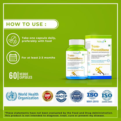 Haleup 99% Pure Trans-Pterostilbene with Resveratrol | Potent Antioxidant | High Bioavailability | Promotes Healthy Ageing | Skin Health (1 pack X 60s count)