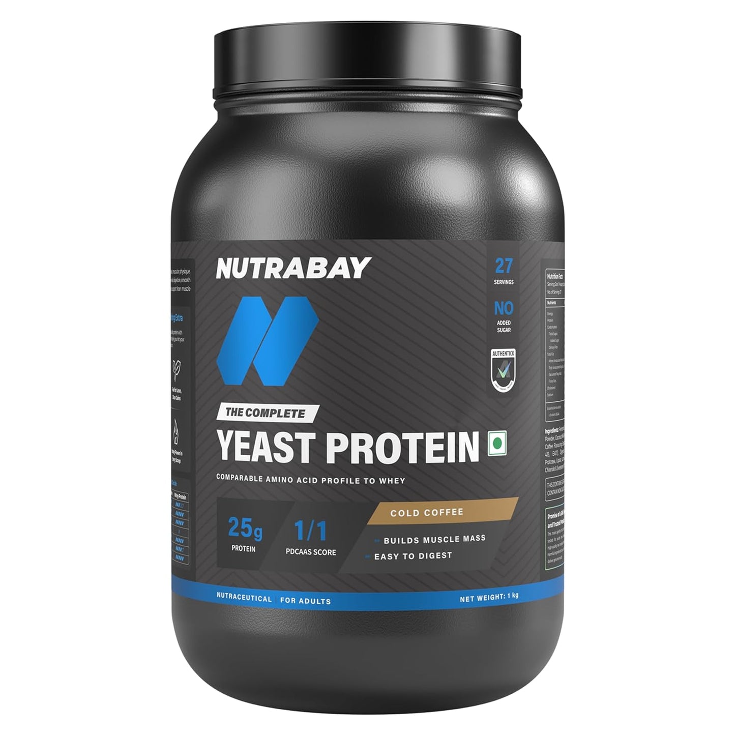 Nutrabay Yeast Protein Powder - 1kg, Cold Coffee | 25g Protein & 6.7g BCAA Per Scoop | All 9 EAAs | PDCAAS of 1 | Lactose Free, Soy Free | Superior Muscle Growth & Recovery
