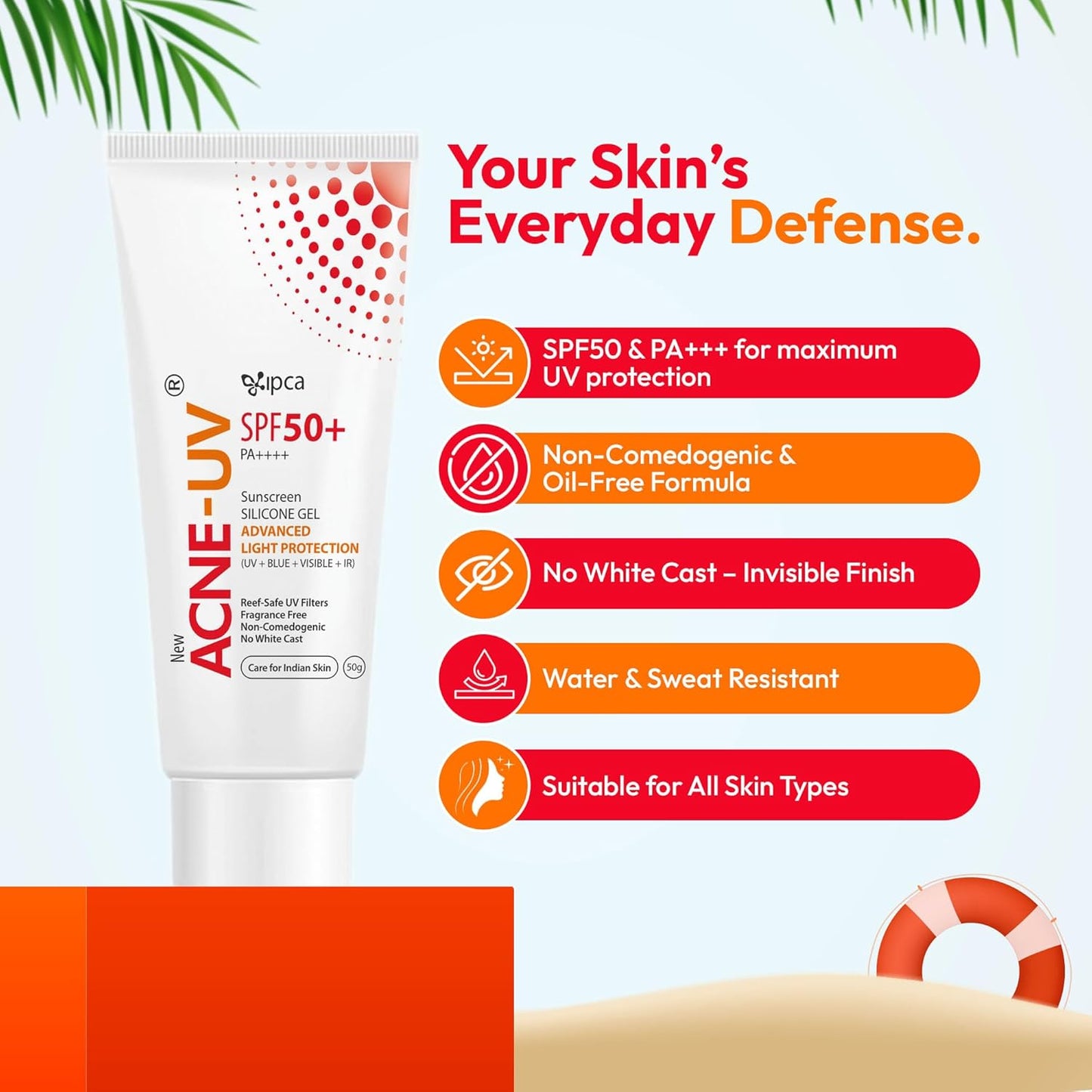 New ACNE-UV Sunscreen SPF50+ PA++++ | 50g Oil Free, Non Comedogenic Silicone Gel Sunscreen SPF 50 | UVA/UVB Protection | Water Resistant | No White Cast | Suitable for All Skin Types