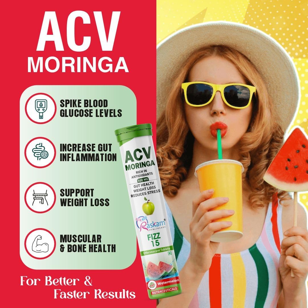 ACV Moringa 15 Effervescent Tablets 500mg Apple Cider Vinegar With No Added Sugar For Gut Health | Immunity Booster | Weight Loss | (Pack of 1, Refreshing Watermelon Flavour)