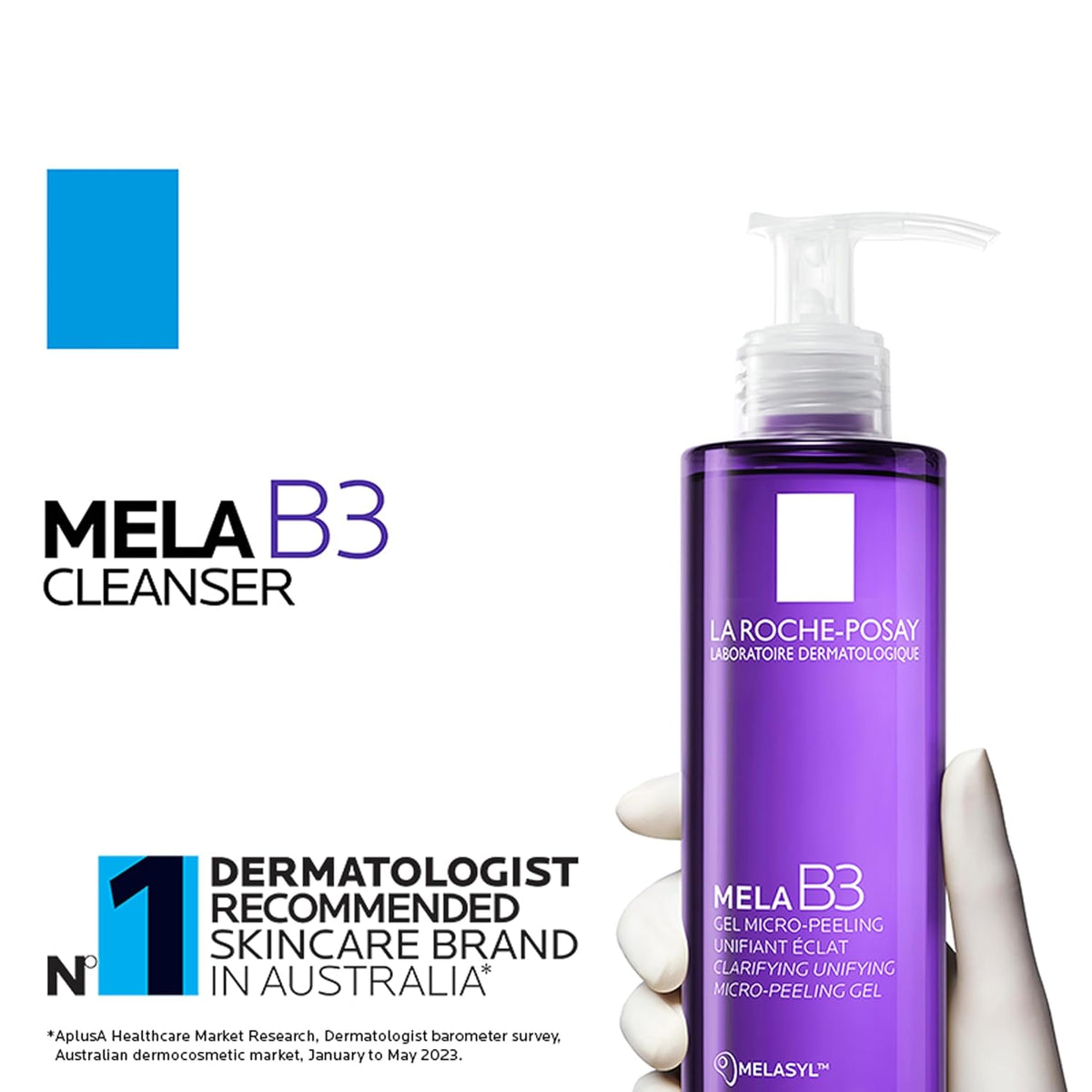Purple bottle of La Roche-Posay Mela B3 Cleanser with pump on a white background