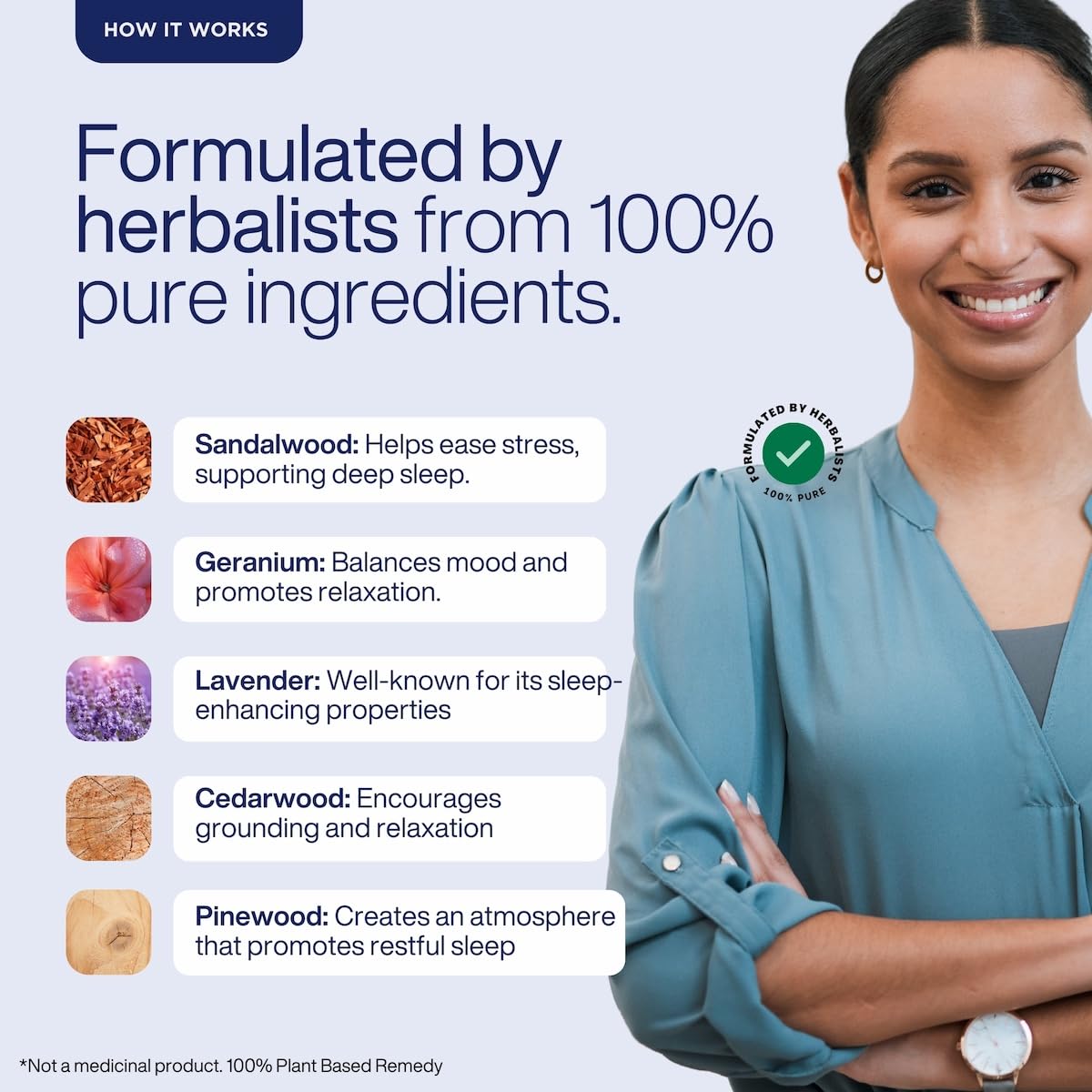 Woman in a blue shirt with text about herbal ingredients and their benefits on a light purple background