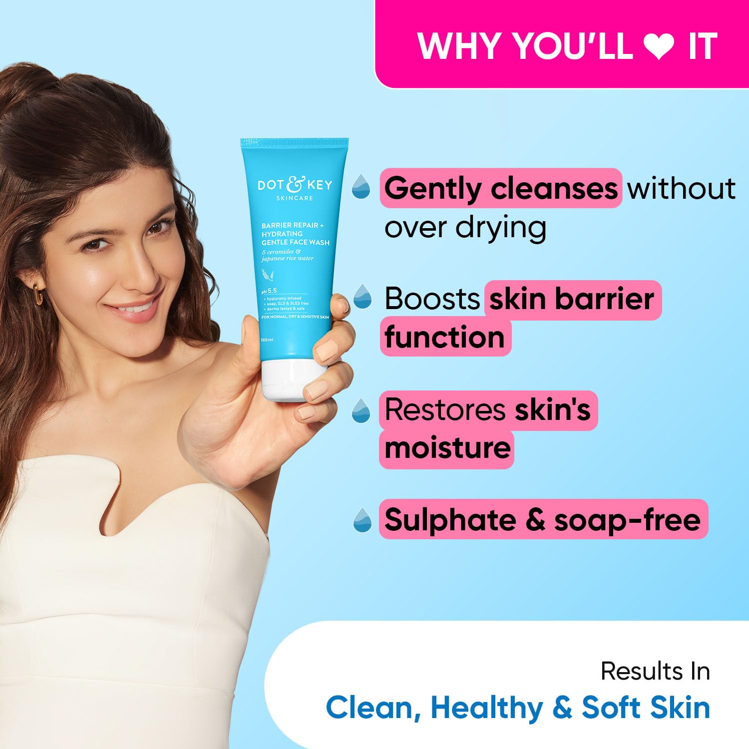 Zephivo DOT & KEY Barrier Repair + Hydrating Gentle Face Wash With Probiotic|Ceremide Face Wash|Face Wash For Dry Skin,Normal Skin&Sensitive Skin|Gently Cleanses Skin From Dirt&Oil For Unisex,100Ml
