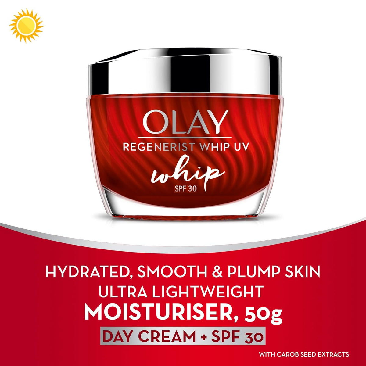 Olay Regenerist Whip UV moisturizer jar with red cream on a white background