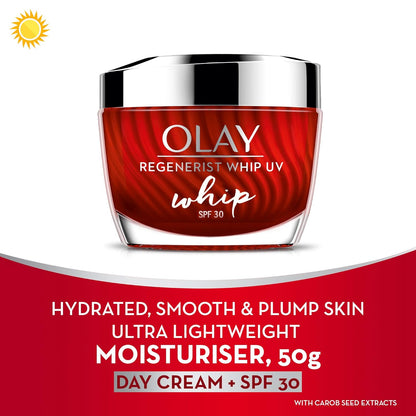 Olay Regenerist Whip UV moisturizer jar with red cream on a white background