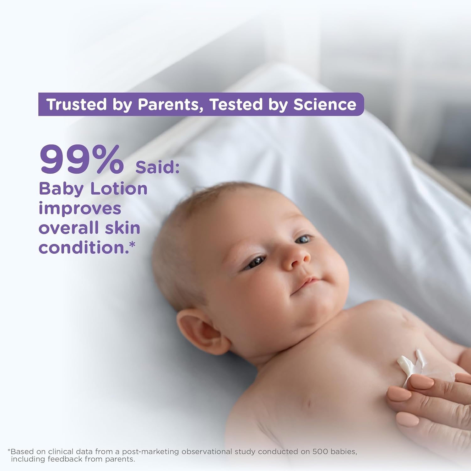 Baby lying on a white blanket with a bottle of baby lotion, text about product trust and science-based testing.