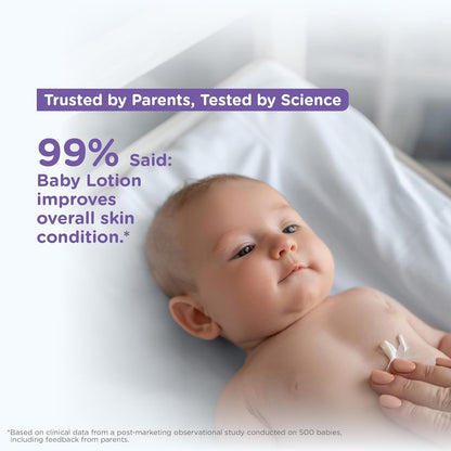 Baby lying on a white blanket with a bottle of baby lotion, text about product trust and science-based testing.