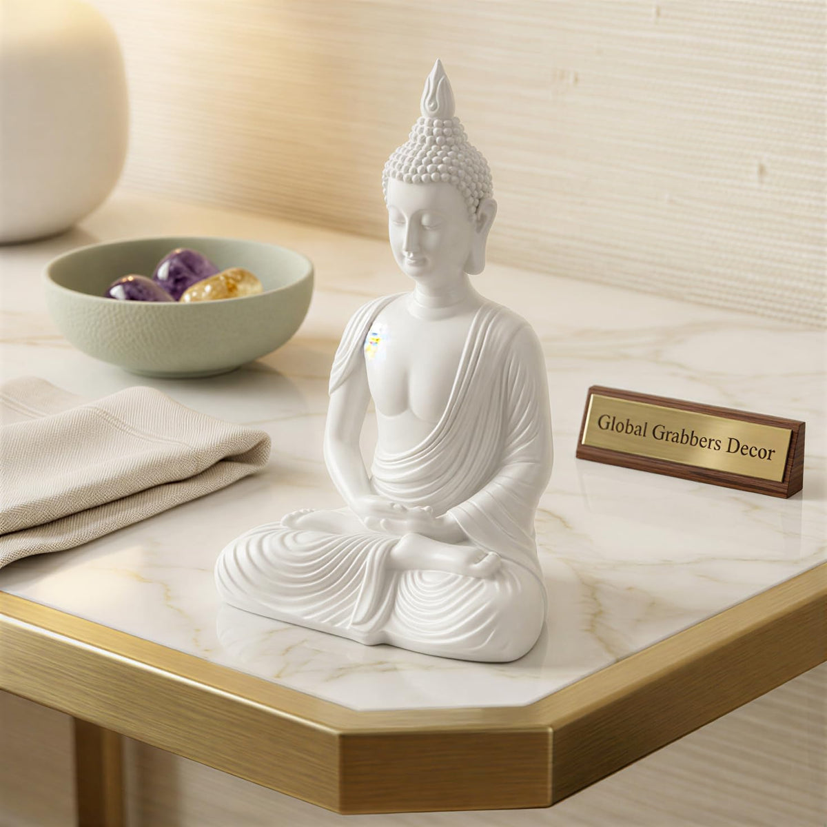 New Sitting Meditating Buddha Statue showpiece Idol Home Decor Items for Living Room and Gifts (White)