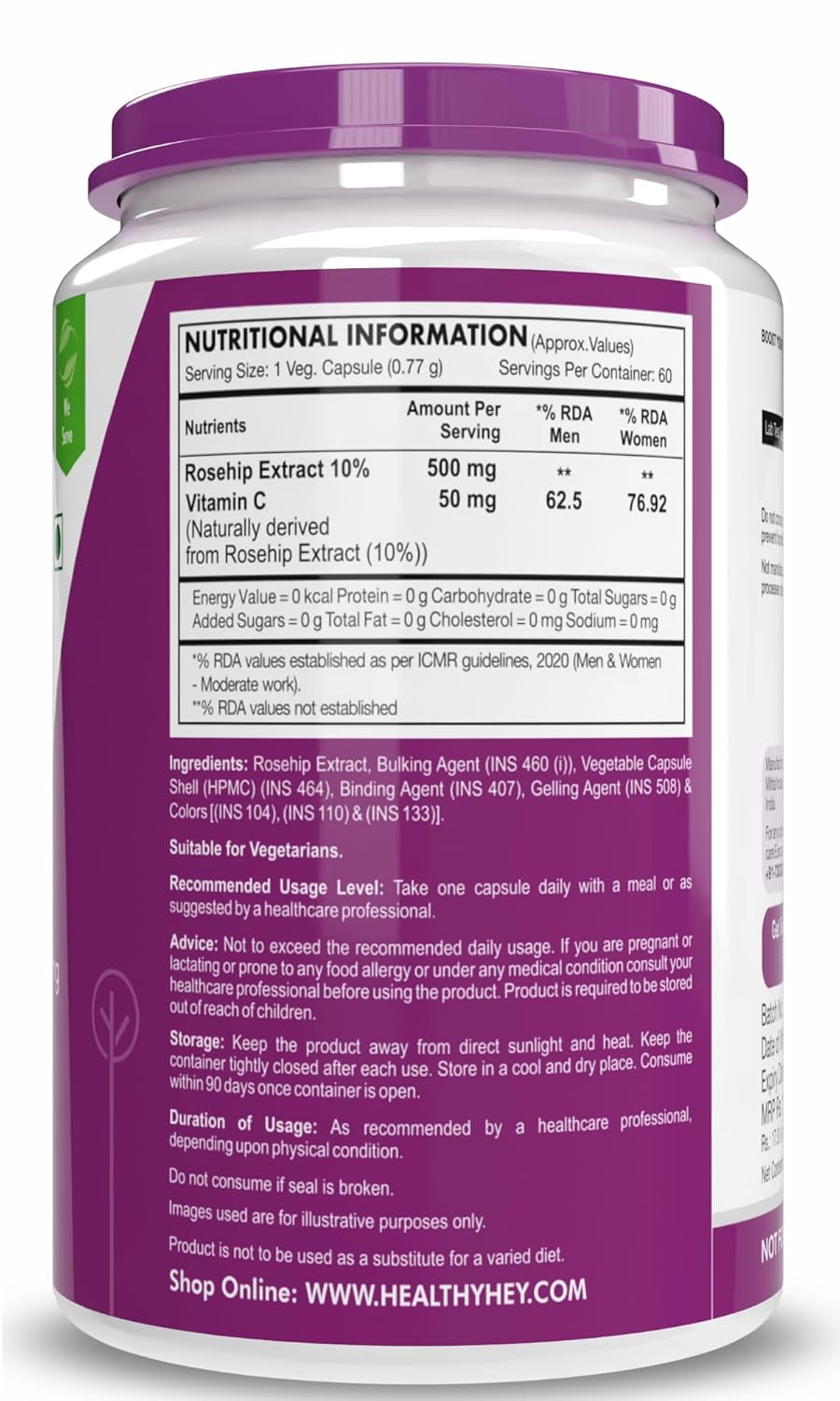 Supplement container with purple lid and nutritional information label on a white background