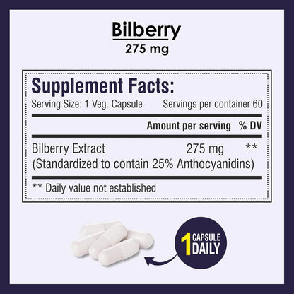 Biotrex Nutraceuticals Bilberry Extract 275mg | Anthocyanidins | Healthy Vision, Antioxidant & Eye Health Supplement | 60 Capsules