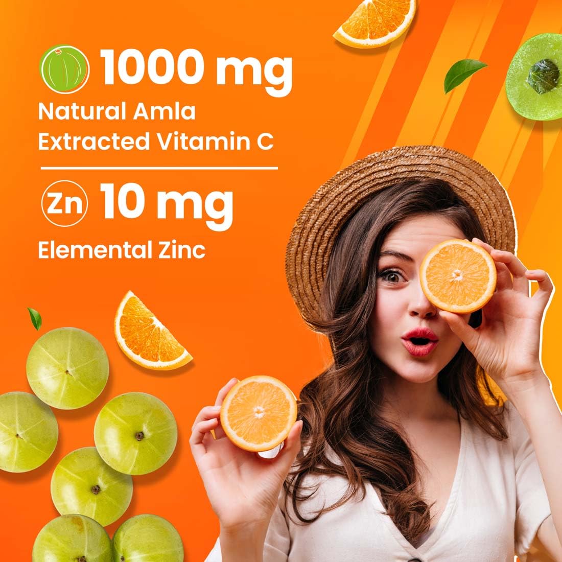 Woman holding an orange with vitamin C and zinc text on an orange background