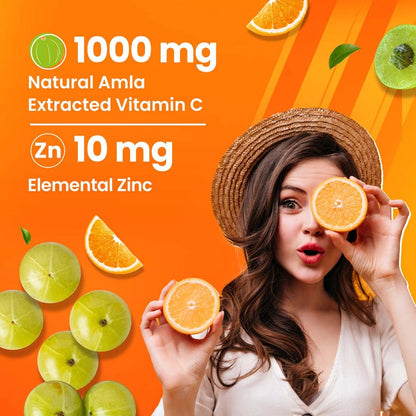 Woman holding an orange with vitamin C and zinc text on an orange background