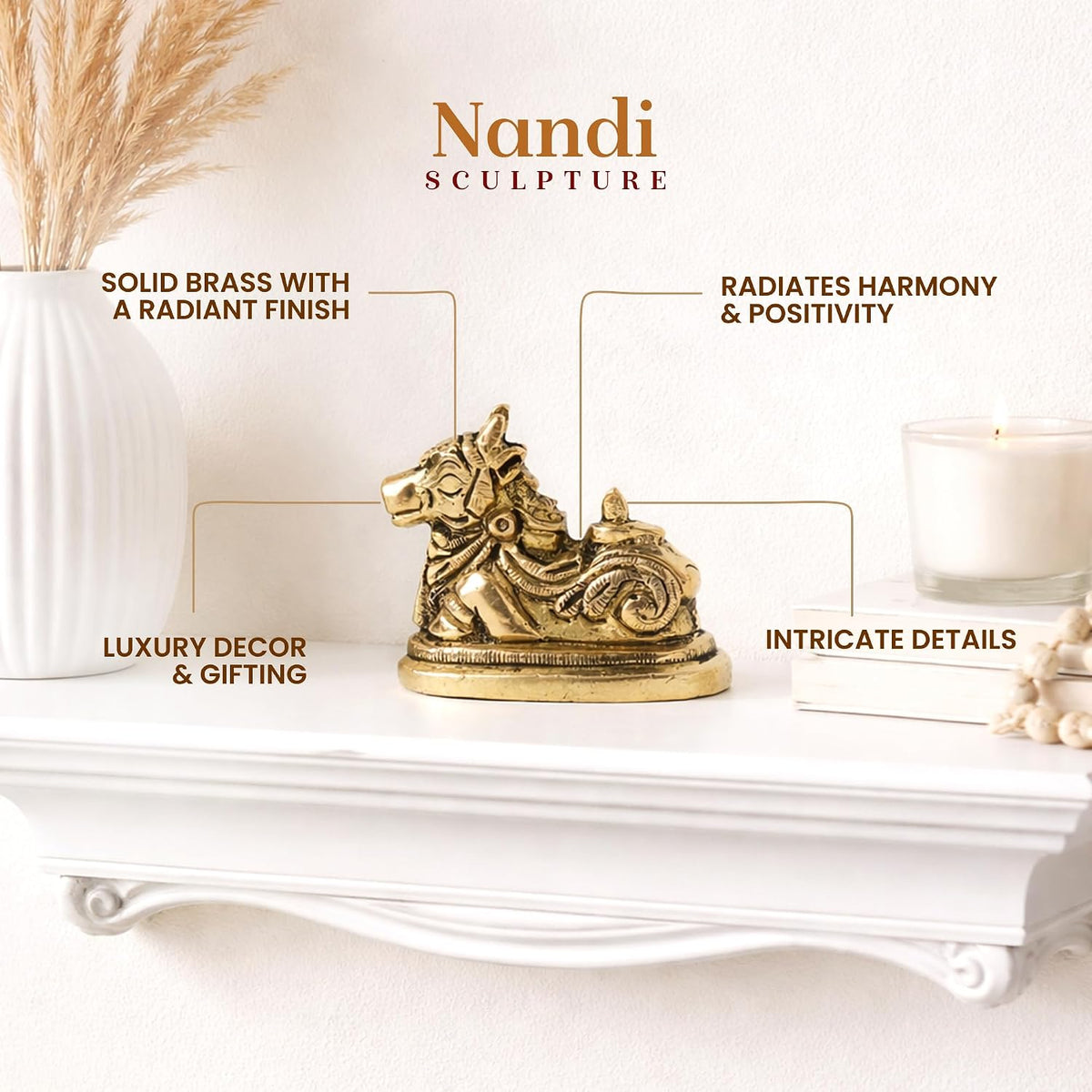Handcrafted Brass Nandi Murti | Sacred Bull Idol for Shiva Pooja & Home Temple | Traditional Hindu Devotional Statue (Design01: L5 x W3 x H4.5 cm)