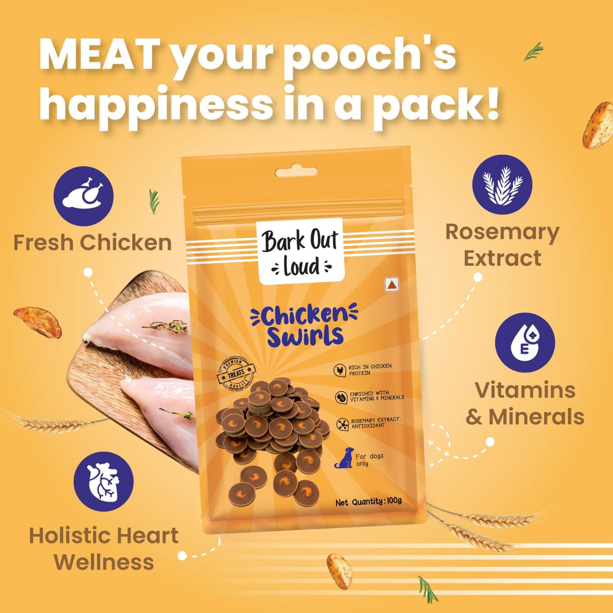 Bark Out Loud by Vivaldis - Chicken Swirls Dog Treat | Nutritious Ingredient Treats | Rich in Protein, Omega 3 Fatty Acids, Antioxidants for Dogs of All Life Stages - 100 gm, Pack of 1