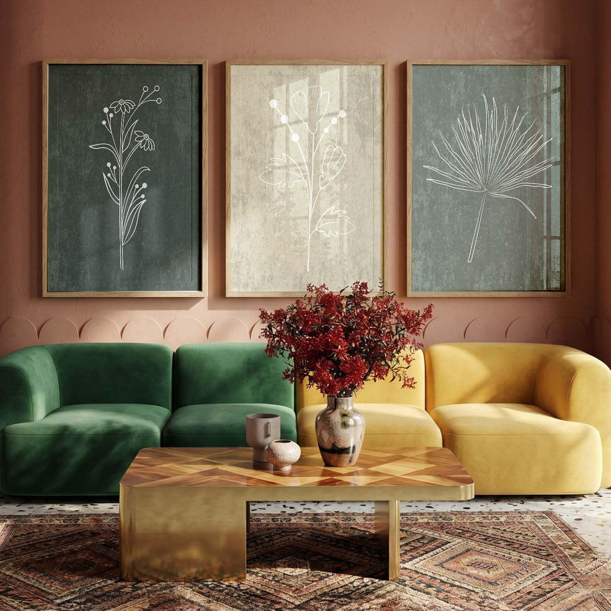 Home Decor Floral Painting Decorative Line Wall Art poster With Frame For Living Room Bed Room Hotel Wall Decor Digital Reprint Set of 3 (13x17 inch)