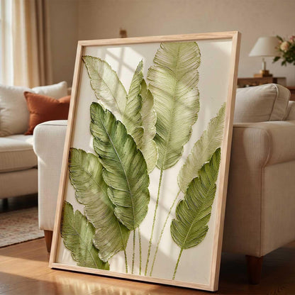 Green Leaf Aesthetic Modern Art Wall Painting | Home Decoration Floral Painting With Frame For Living Room Bedroom Wall Decor | Textured Digital Reprint Set of 1 Size (13X17 INCH)